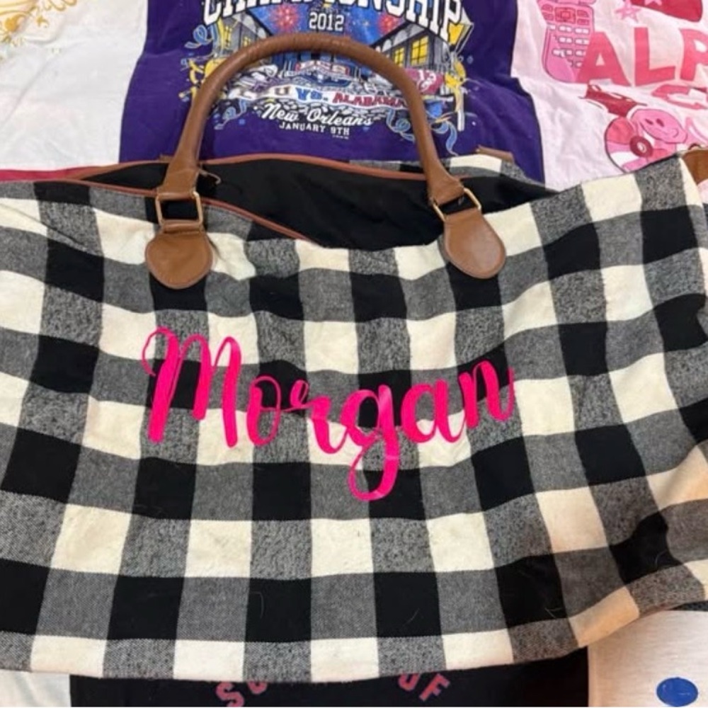 Black and White Checkered Tote Bag with Morgan Monogram